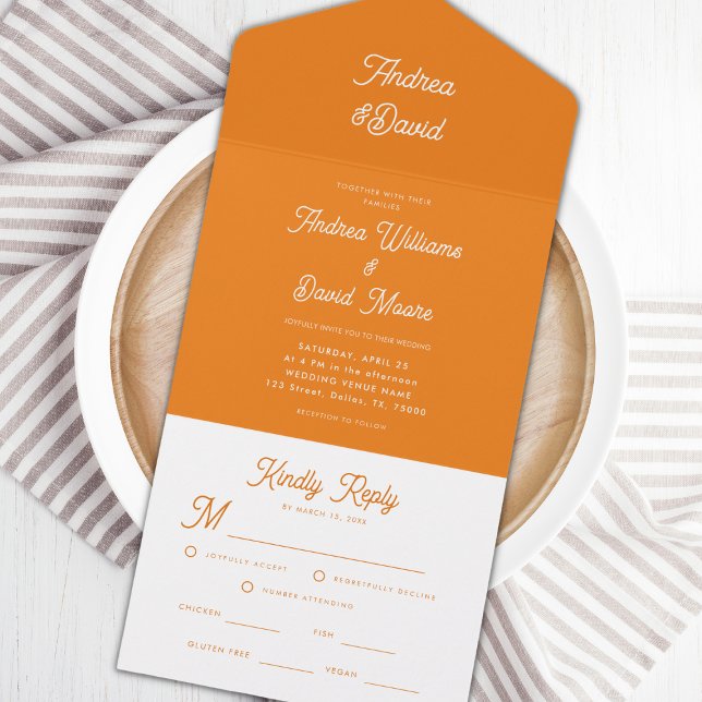 Modern Retro Font Bright Orange Minimalist Wedding All In One Invitation (Creator Uploaded)