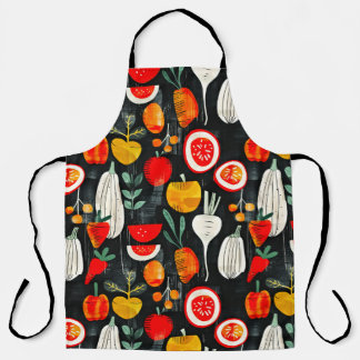 Modern Retro Fruit and Veg on Black Pattern Apron
