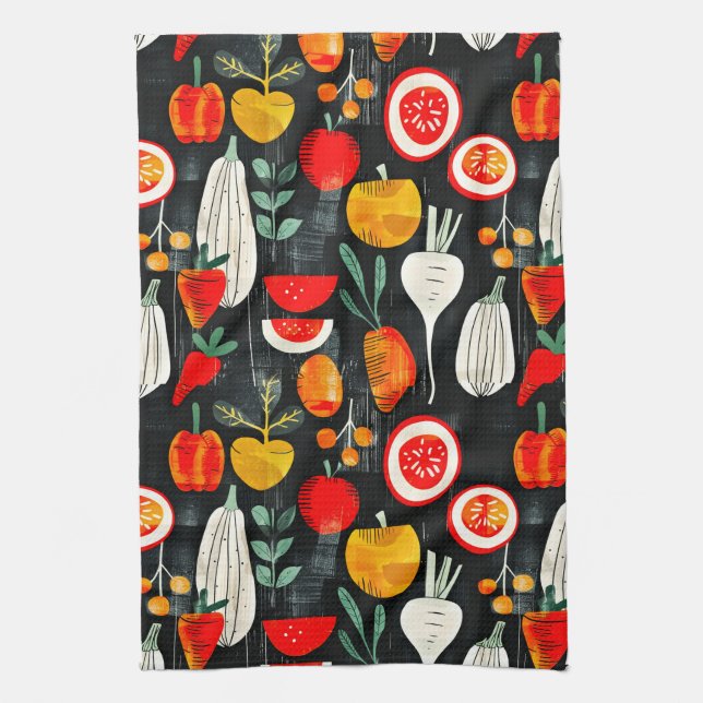 Modern Retro Fruit and Veg on Black Pattern Kitchen Towel (Vertical)