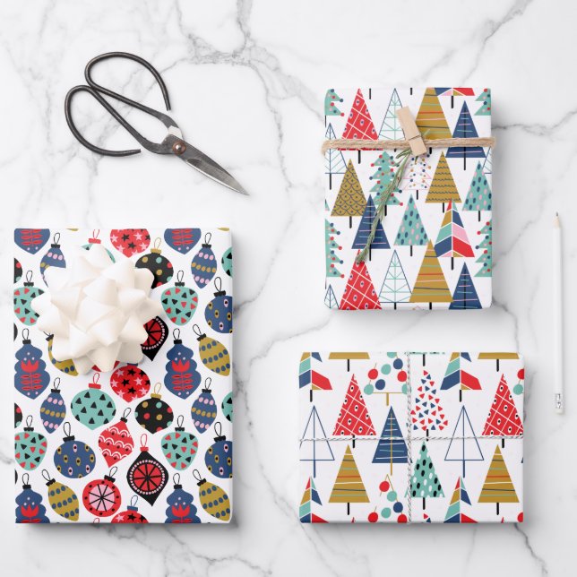 Modern Retro Geometric Christmas Pattern Set of 3 Wrapping Paper Sheet (Front)