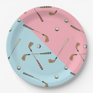 Modern Retro Golf Golfer Pink Blue Pattern Paper Plate