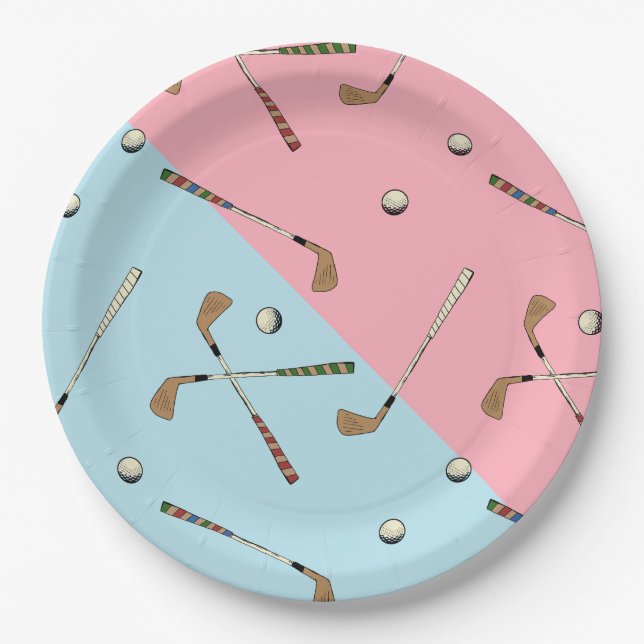 Modern Retro Golf Golfer Pink Blue Pattern    Paper Plate (Front)
