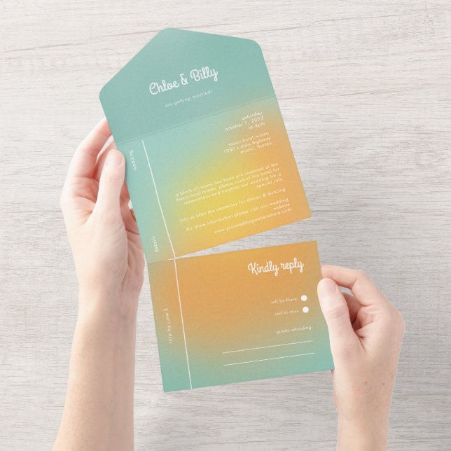 Modern Retro Gradient Mint Orange RSVP Wedding All In One Invitation (Tearaway)