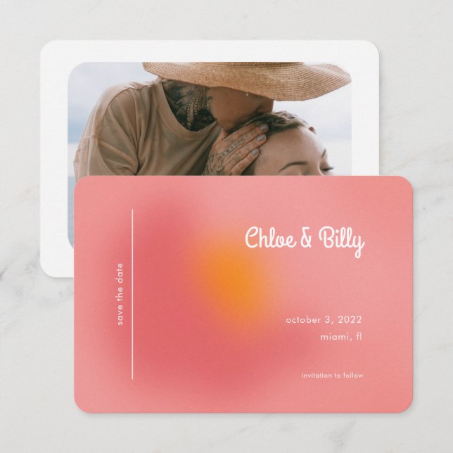 Modern Retro Gradient Pink Orange Photo Save The Date (Front/Back)