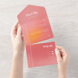 Modern Retro Gradient Pink Orange RSVP Wedding All In One Invitation