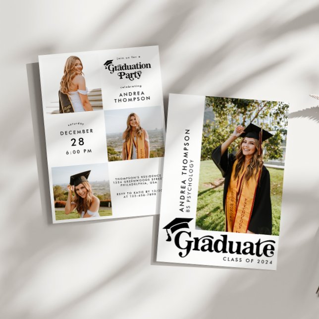 Modern Retro Graduation Cap Photo Collage Invitation (Creator Uploaded)