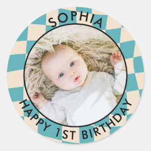 Modern Retro Happy 1st Birthday Photo check Classic Round Sticker
