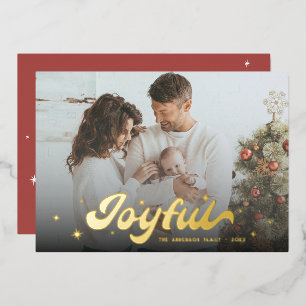 Modern Retro Joyful Snowflakes Photo Christmas Foil Holiday Card