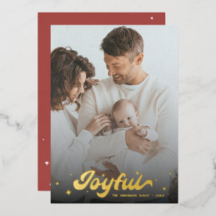 Modern Retro Joyful Snowflakes Photo Christmas Foil Holiday Card