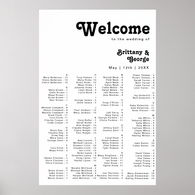 Modern Retro Lettering Alphabetical Seating Poster (Front)