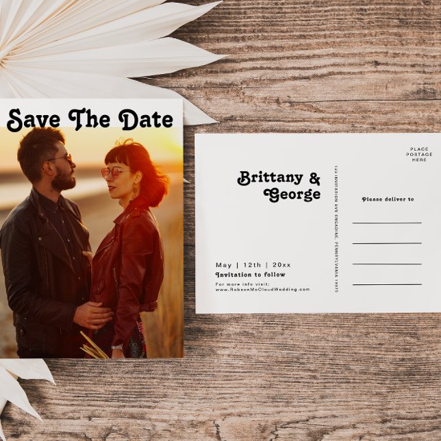 Modern Retro Lettering Full Photo Save The Date In Invitation Postcard (Creator Uploaded)