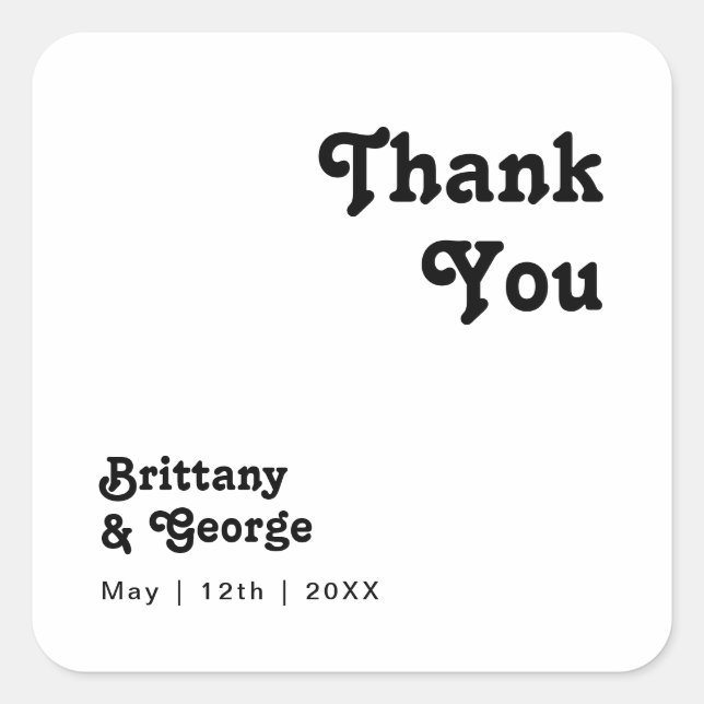 Modern Retro Lettering Thank You Wedding Favour Square Sticker (Front)