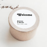 Modern Retro Lettering Wedding Welcome Classic Round Sticker<br><div class="desc">This modern retro lettering wedding welcome classic round sticker is perfect for your unique, trendy simple vintage bohemian summer wedding. The lettering is a stylish black, chic 70's boho font giving this design classic minimal groovy hippie vibes. You can add your own graphics or pictures if you want to customize...</div>
