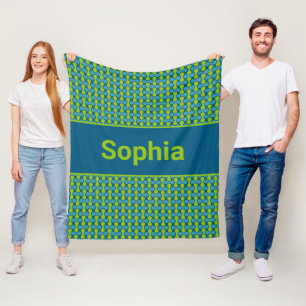 Modern Retro Link Pattern in Blue and Green Fleece Blanket