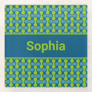 Modern Retro Link Pattern in Blue and Green Glass Coaster