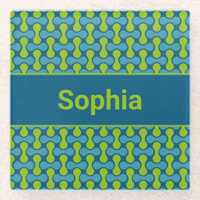 Modern Retro Link Pattern in Blue and Green Glass Coaster (Front)