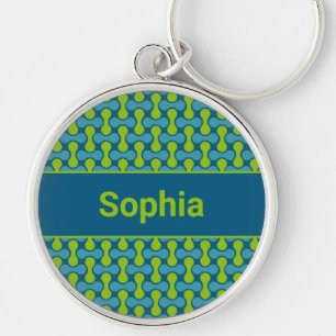 Modern Retro Link Pattern in Blue and Green Keychain