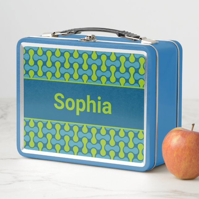 Modern Retro Link Pattern in Blue and Green Metal Lunch Box (In Situ)