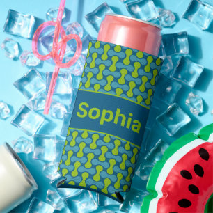 Modern Retro Link Pattern in Blue and Green Seltzer Can Cooler