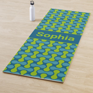 Modern Retro Link Pattern in Blue and Green Yoga Mat