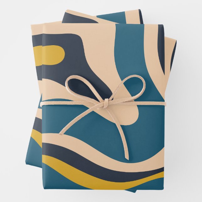Modern Retro Liquid Swirl Abstract Pattern Blue Wrapping Paper Sheet (In situ)