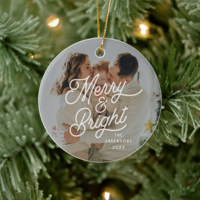 Modern Retro Merry and Bright Photo Bold Script  Ceramic Ornament (Tree)
