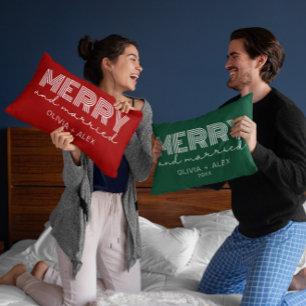 Modern Retro Merry and Married First Christmas Lumbar Pillow