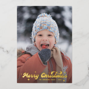 Modern Retro Merry Christmas Photo Snowflakes Star Foil Holiday Card