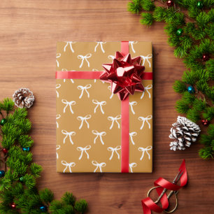 Modern Retro Mustard White Coquette Bow Christmas Wrapping Paper