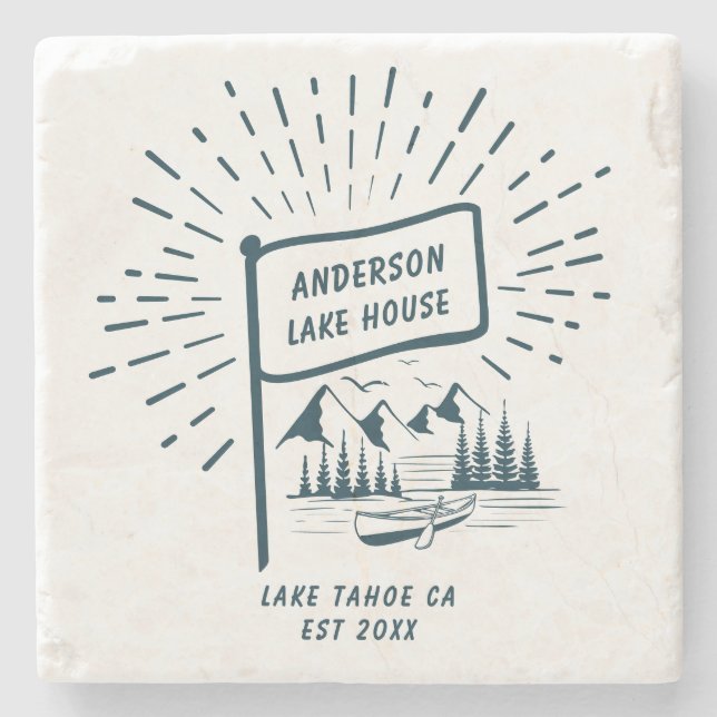 Modern Retro Nautical Family Lake House Navy Blue Stone Coaster (Front)