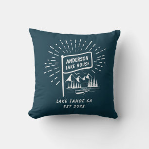Modern Retro Nautical Family Lake House Navy Blue Throw Pillow