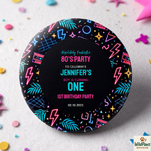 Modern Retro Neon 80’s 1st Birthday Party 1 Inch Round Button