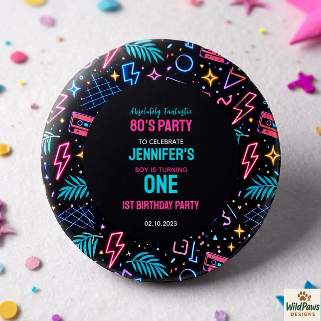 Modern Retro Neon 80’s 1st Birthday Party 1 Inch Round Button (Modern Retro Neon 80’s 1st Birthday Party Button)