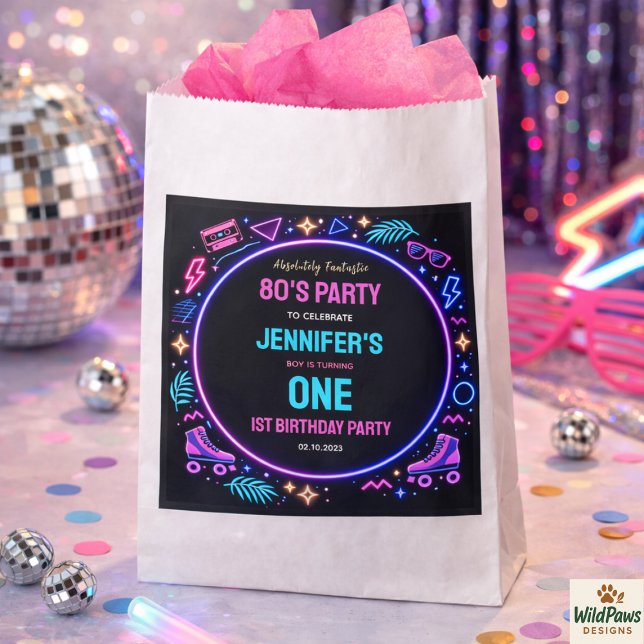 Modern Retro Neon 80’s 1st Birthday Party Favour Bag (Modern Retro Neon 80’s 1st Birthday Party favor bag )