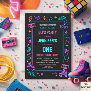 Modern Retro Neon 80’s 1st Birthday Party Invitation