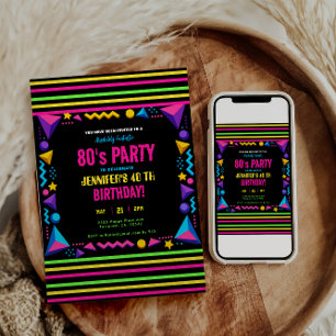 Modern Retro Neon 80's Birthday Party Invitation