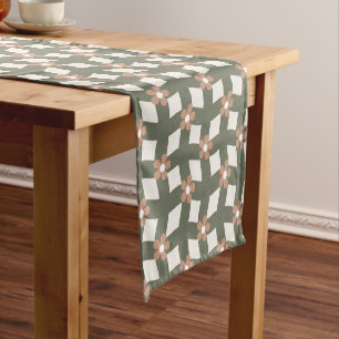 Modern Retro Olive Green and Pink Floral Table Run Short Table Runner