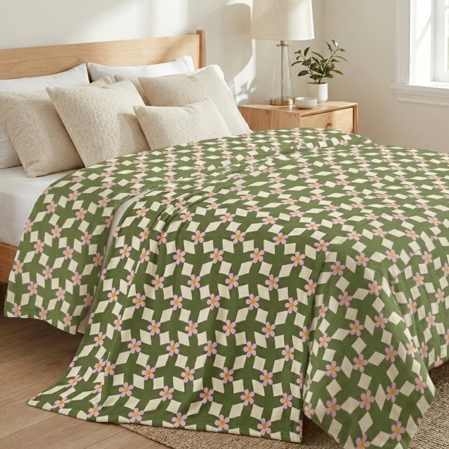 Modern Retro Olive & Pink Floral Grid Blanket (Creator Uploaded)