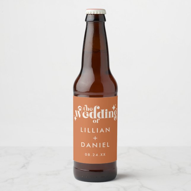 Modern Retro Orange and Cream Wedding Beer Bottle Label (Front)