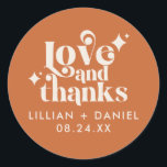 Modern Retro Orange and Cream Wedding Thank You Classic Round Sticker<br><div class="desc">This Modern Retro Orange and Cream Wedding Thank You Classic Round Sticker is a great way to add a little more personalization to your big day. The colour palette of orange and cream gives this an extra modern,  yet vintage retro look. Say thank you with Love & Thanks.</div>