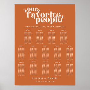Modern Retro Orange Wedding 14 Table Seating Chart