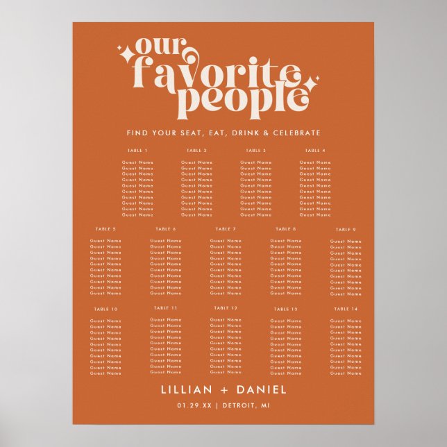 Modern Retro Orange Wedding 14 Table Seating Chart (Front)