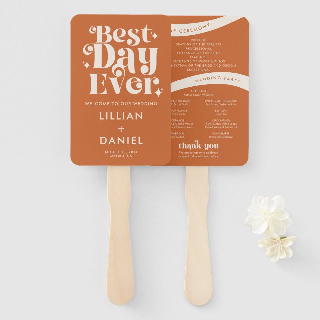 Modern Retro Orange Wedding Program Hand Fan (Front and Back)