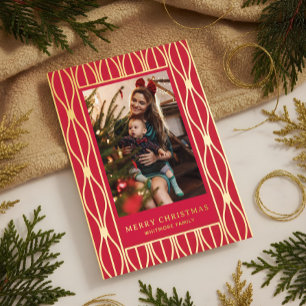 Modern Retro Ornament Pattern Photo Christmas Foil Holiday Card