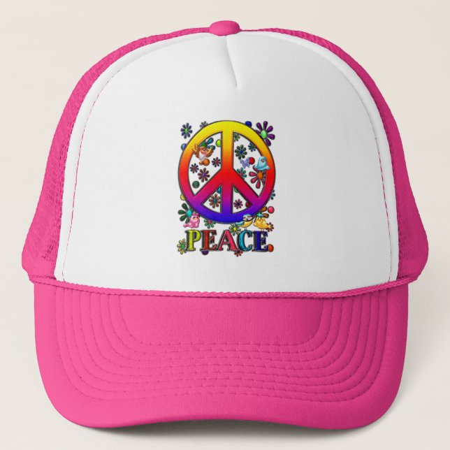 Modern Retro Peace Sign Text Birds & Flowers II Trucker Hat (Front)