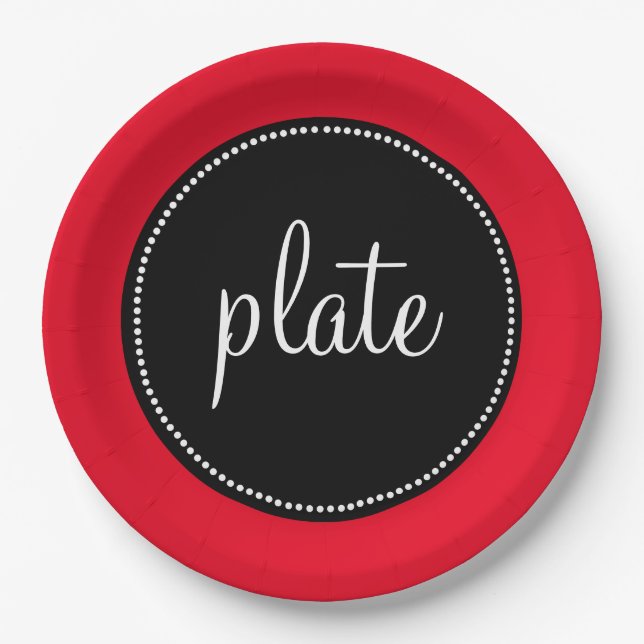 Modern Retro Personalized Custom Red and Black Paper Plate (Front)