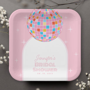 Modern Retro Pink Disco Ball 70s 80s Bridal Shower Paper Plate