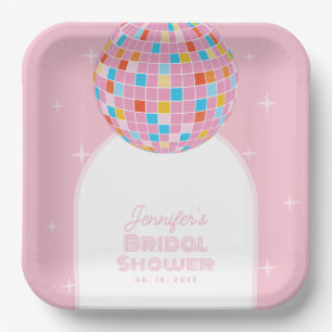 Modern Retro Pink Disco Ball 70s 80s Bridal Shower Paper Plate