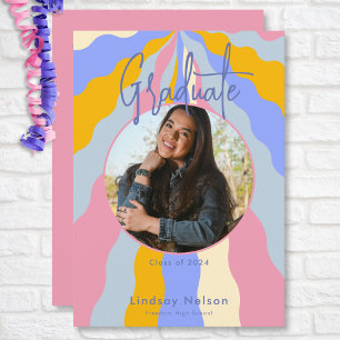 Modern Retro Pink Purple Waves Photo Graduation Invitation