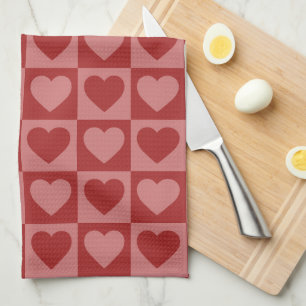 Modern Retro Red and Pink Minimalist Heart Pattern Kitchen Towel
